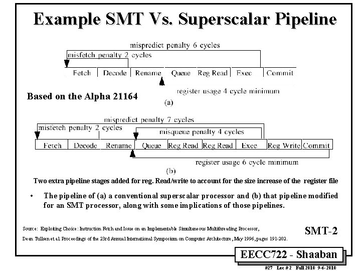 Example SMT Vs. Superscalar Pipeline Based on the Alpha 21164 Two extra pipeline stages