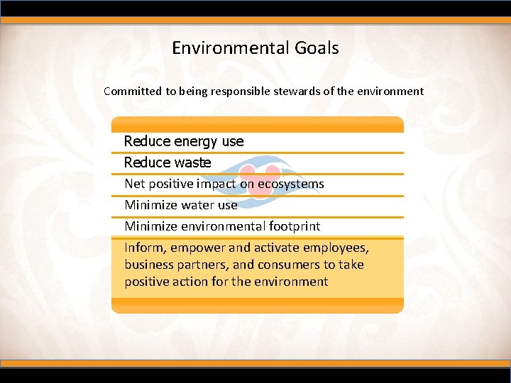 Environmental Goals Committed to being responsible stewards of the environment Reduce energy use Reduce