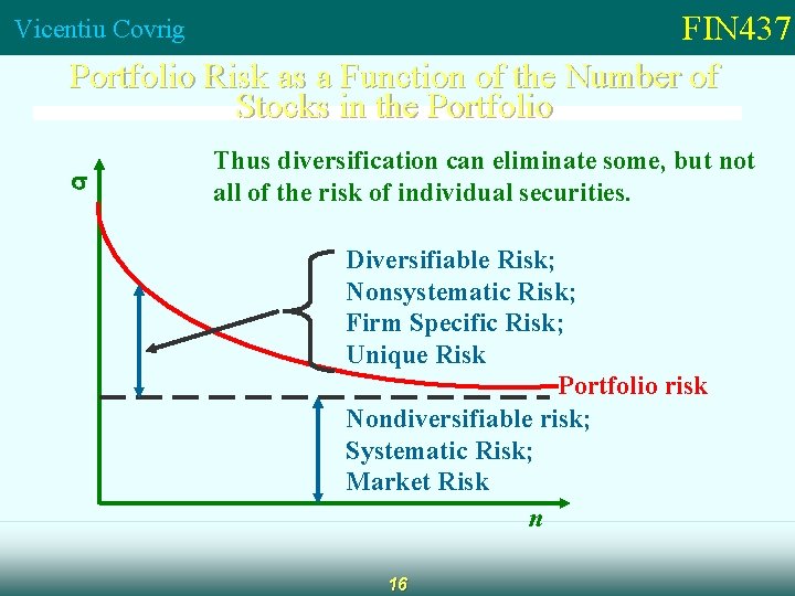 FIN 437 Portfolio Risk as a Function of the Number of Stocks in the