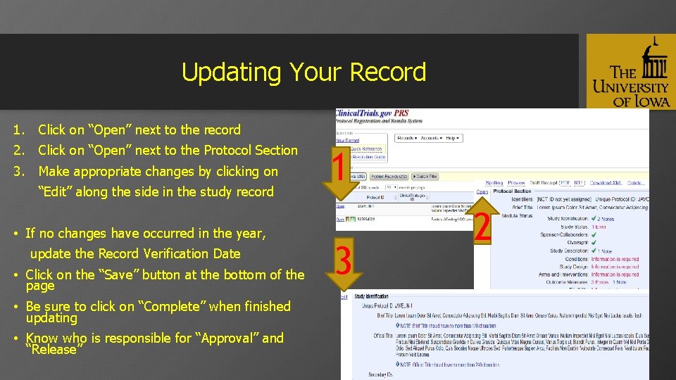 Updating Your Record 1. Click on “Open” next to the record 2. Click on