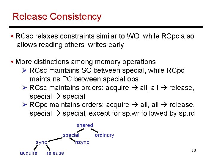 Release Consistency • RCsc relaxes constraints similar to WO, while RCpc also allows reading