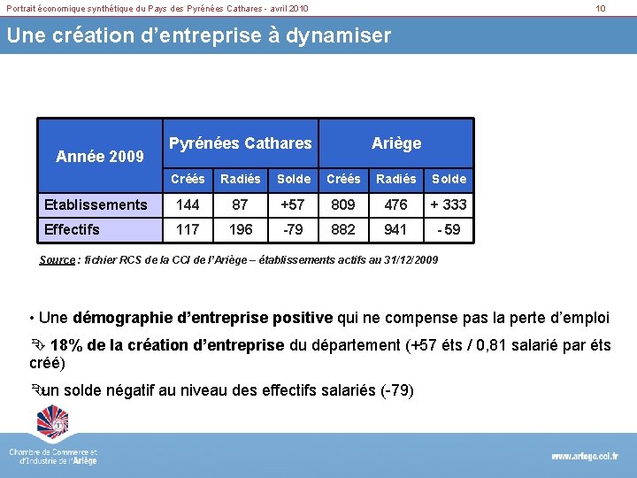 Portrait économique synthétique du Pays des Pyrénées Cathares - avril 2010 10 Une création