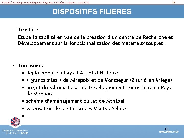 Portrait économique synthétique du Pays des Pyrénées Cathares - avril 2010 13 DISPOSITIFS FILIERES