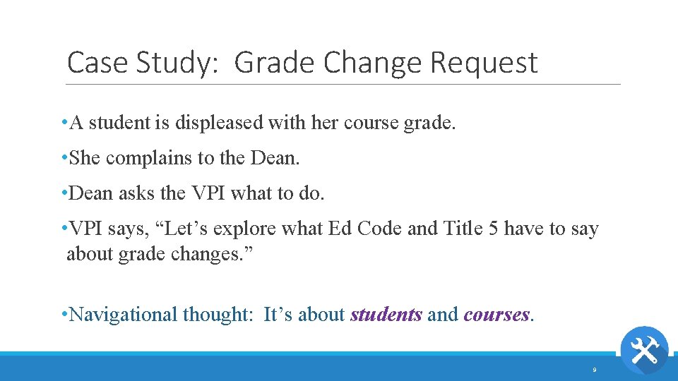 Case Study: Grade Change Request • A student is displeased with her course grade.