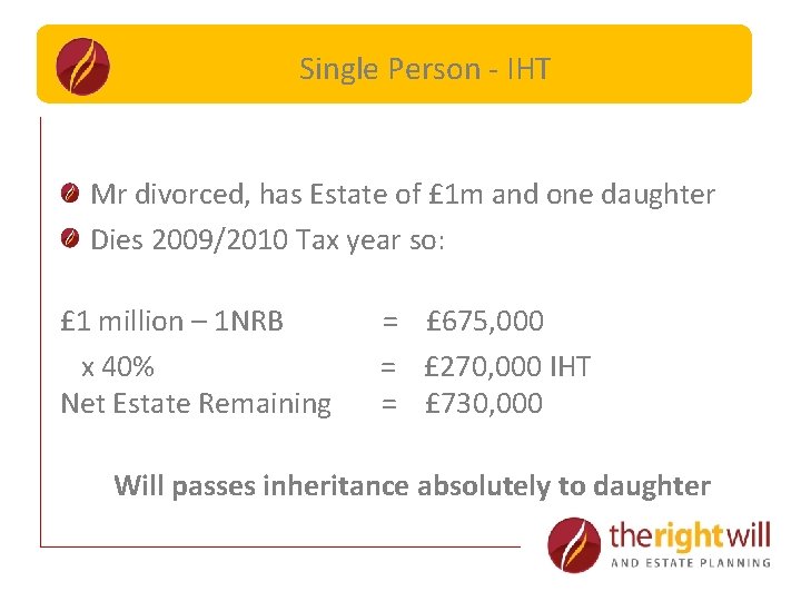 Single Person - IHT Part Share Valuation of Property Mr divorced, has Estate of