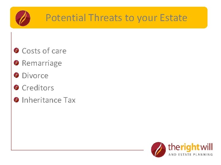 Potential. Capital Threats. Limits to your Estate Costs of care Remarriage Divorce Creditors Inheritance