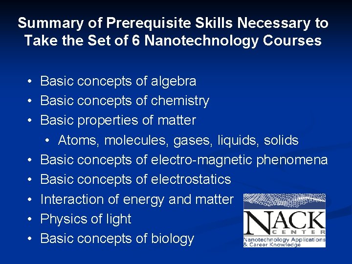 Summary of Prerequisite Skills Necessary to Take the Set of 6 Nanotechnology Courses •