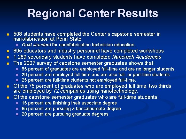Regional Center Results n 508 students have completed the Center’s capstone semester in nanofabrication