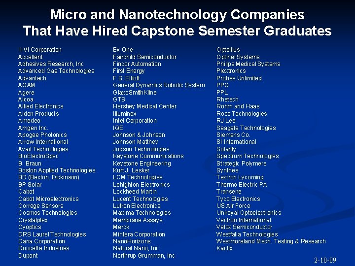 Micro and Nanotechnology Companies That Have Hired Capstone Semester Graduates II-VI Corporation Accellent Adhesives