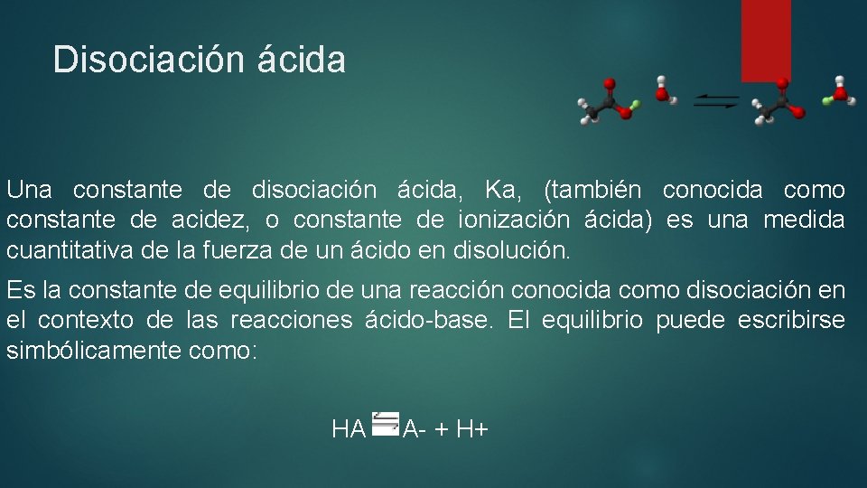 Disociación ácida Una constante de disociación ácida, Ka, (también conocida como constante de acidez,