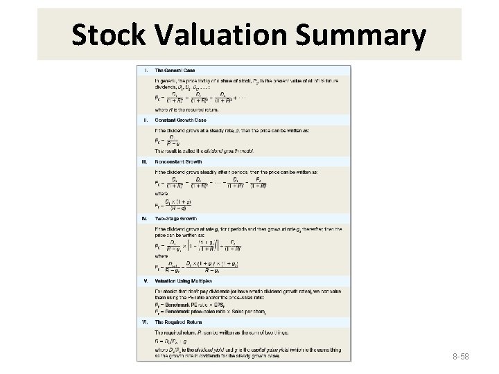 Stock Valuation Summary 8 -58 