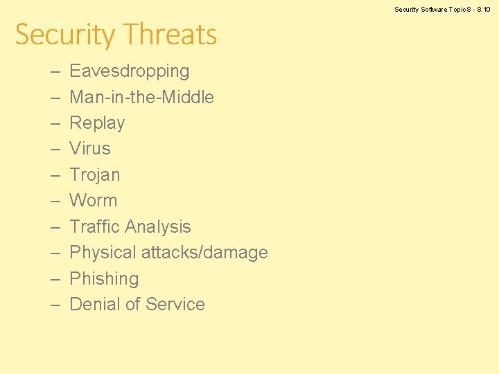 Security Threats – – – – – Eavesdropping Man-in-the-Middle Replay Virus Trojan Worm Traffic