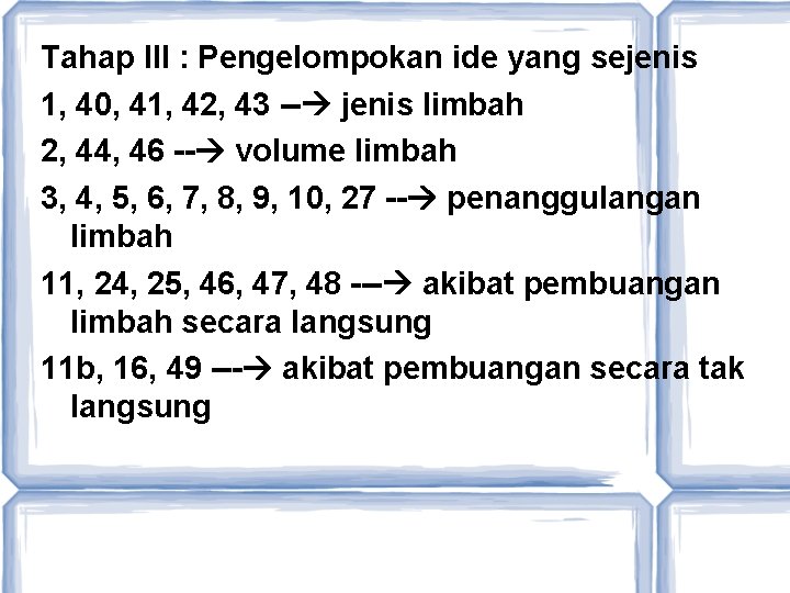 Tahap III : Pengelompokan ide yang sejenis 1, 40, 41, 42, 43 -- jenis