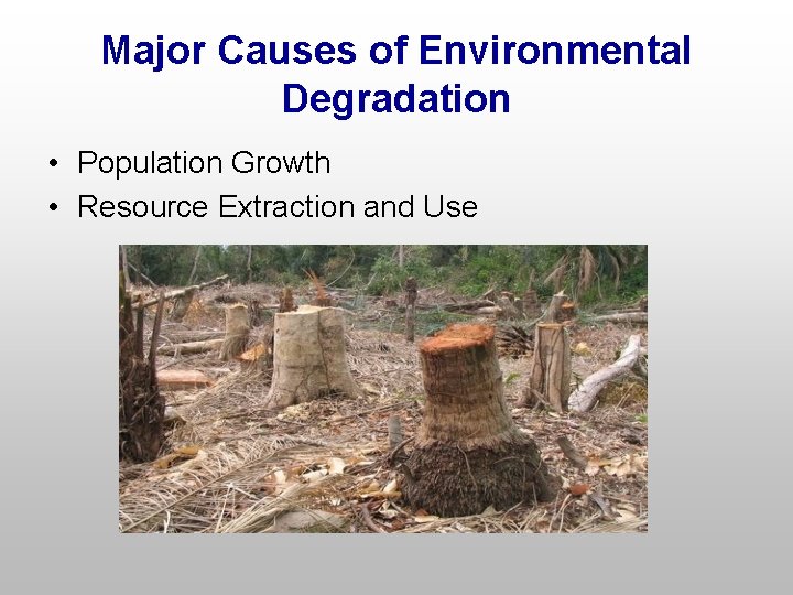 Major Causes of Environmental Degradation • Population Growth • Resource Extraction and Use 