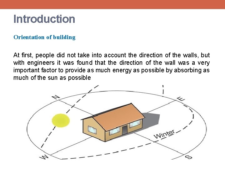 Introduction Orientation of building At first, people did not take into account the direction