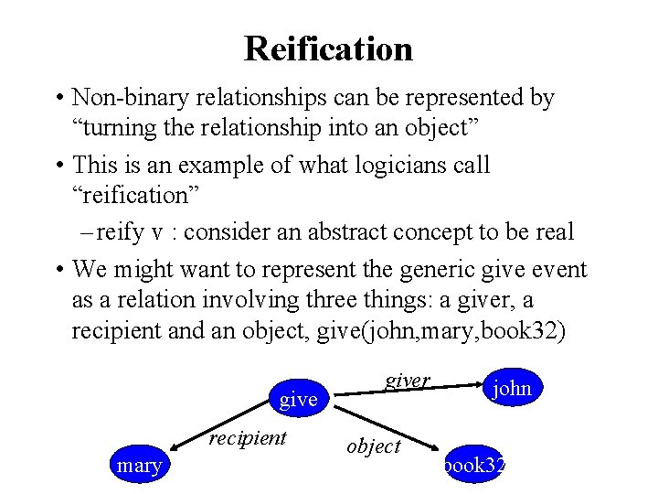 Reification • Non-binary relationships can be represented by “turning the relationship into an object”