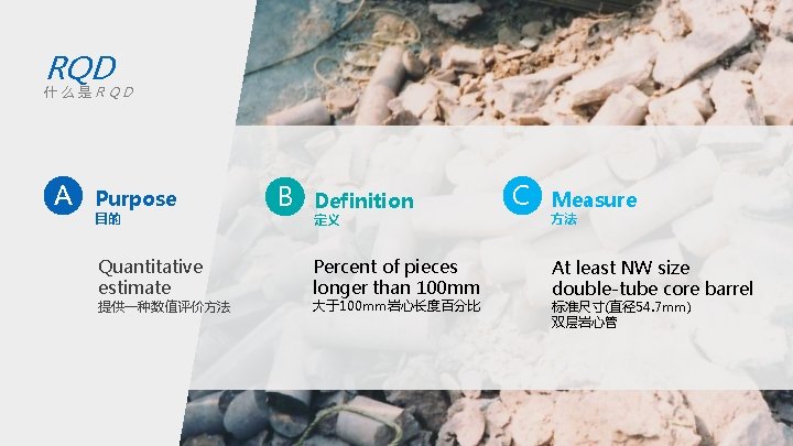 RQD 什么是RQD A Purpose 目的 Quantitative estimate 提供一种数值评价方法 B Definition 定义 Percent of pieces