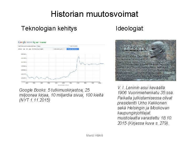 Historian muutosvoimat Teknologian kehitys Ideologiat Google Books: 5 tutkimuskirjastoa, 25 miljoonaa kirjaa, 10 miljardia
