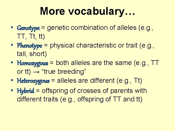 More vocabulary… • Genotype = genetic combination of alleles (e. g. , TT, Tt,