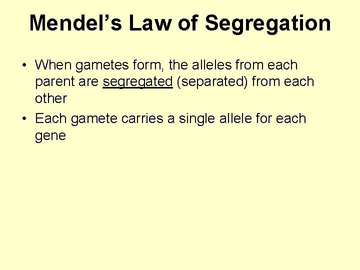 Mendel’s Law of Segregation • When gametes form, the alleles from each parent are