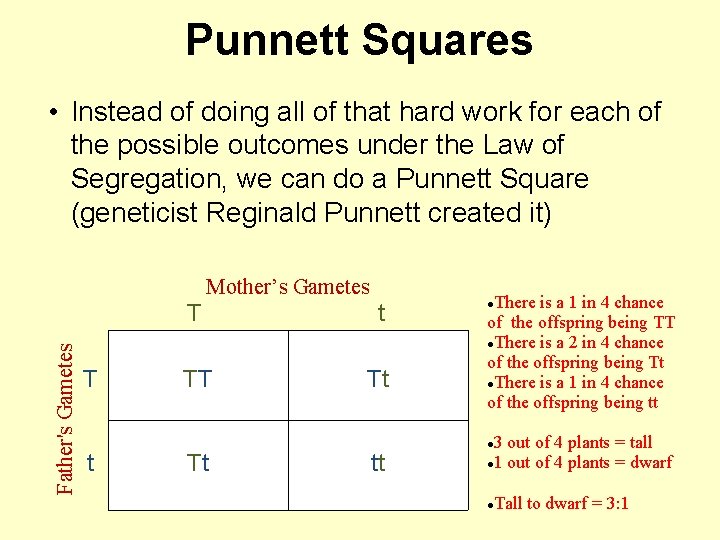 Punnett Squares • Instead of doing all of that hard work for each of