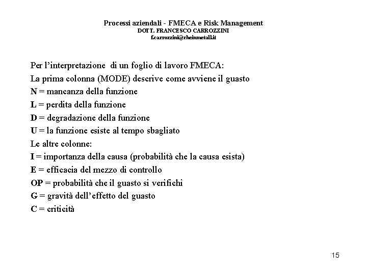 Processi aziendali - FMECA e Risk Management DOTT. FRANCESCO CARROZZINI f. carrozzini@rheinmetall. it Per