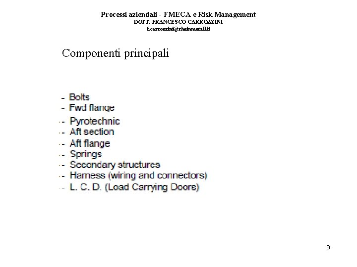 Processi aziendali - FMECA e Risk Management DOTT. FRANCESCO CARROZZINI f. carrozzini@rheinmetall. it Componenti