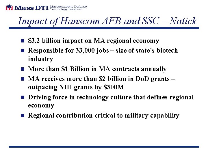 Impact of Hanscom AFB and SSC – Natick n n n $3. 2 billion