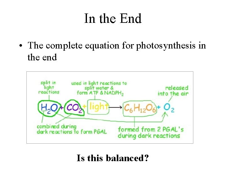 In the End • The complete equation for photosynthesis in the end Is this