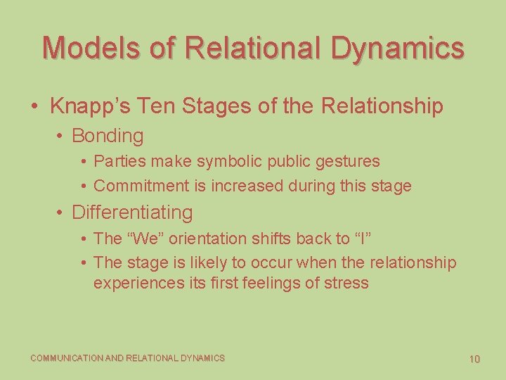 Models of Relational Dynamics • Knapp’s Ten Stages of the Relationship • Bonding •