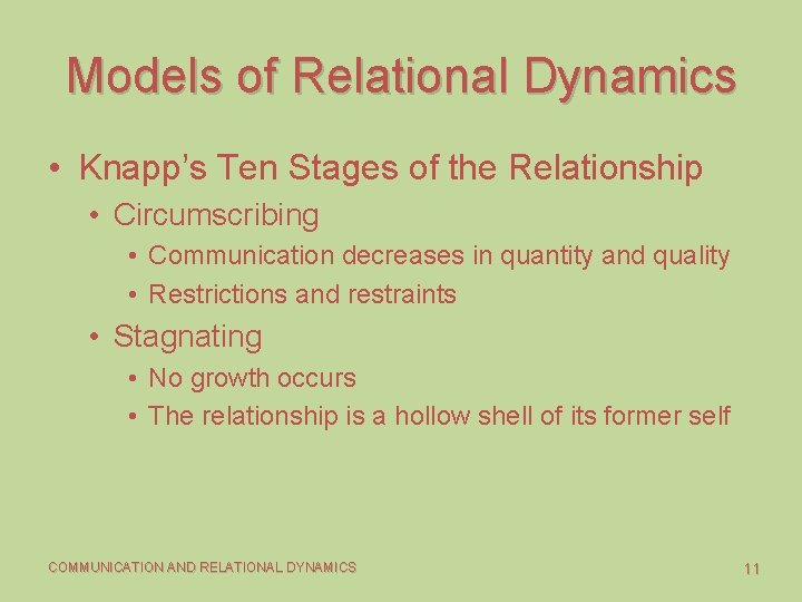 Models of Relational Dynamics • Knapp’s Ten Stages of the Relationship • Circumscribing •