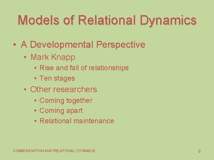 Models of Relational Dynamics • A Developmental Perspective • Mark Knapp • Rise and