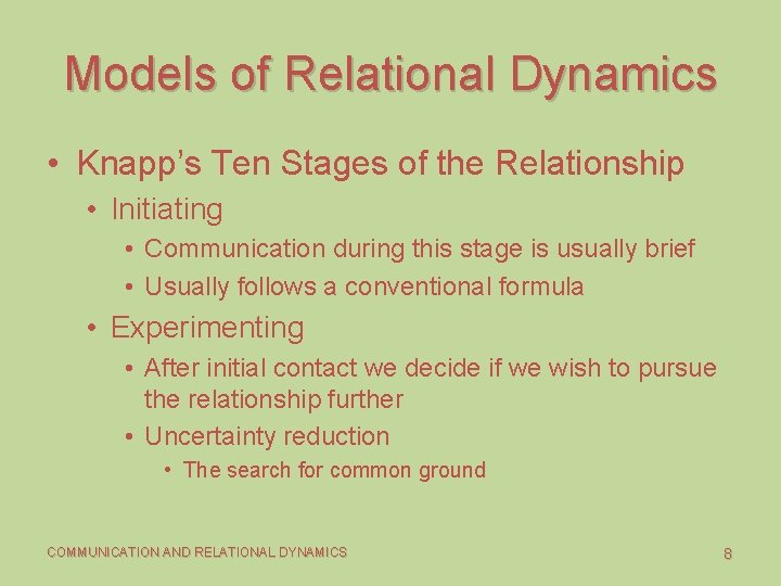 Models of Relational Dynamics • Knapp’s Ten Stages of the Relationship • Initiating •