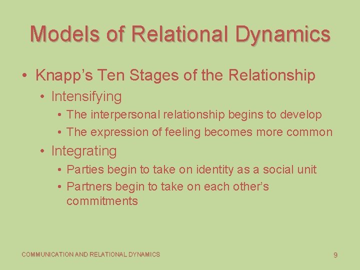 Models of Relational Dynamics • Knapp’s Ten Stages of the Relationship • Intensifying •
