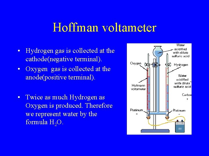 Hoffman voltameter • Hydrogen gas is collected at the cathode(negative terminal). • Oxygen gas