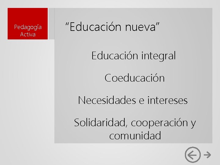 Pedagogía Activa “Educación nueva” Educación integral Coeducación Necesidades e intereses Solidaridad, cooperación y comunidad