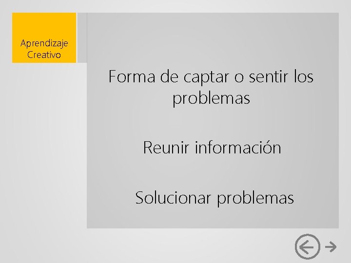 Aprendizaje Creativo Forma de captar o sentir los problemas Reunir información Solucionar problemas 