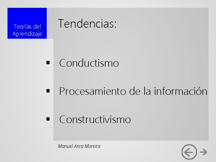 Teorías del Aprendizaje Tendencias: § Conductismo § Procesamiento de la información § Constructivismo Manuel