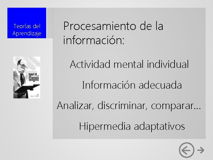 Teorías del Aprendizaje Procesamiento de la información: Actividad mental individual Información adecuada Analizar, discriminar,