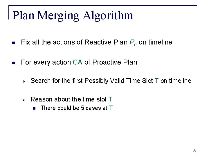 Plan Merging Algorithm n Fix all the actions of Reactive Plan Pα on timeline