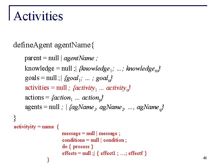 Activities define. Agent agent. Name{ parent = null | agent. Name ; knowledge =