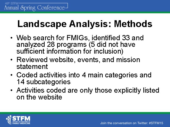 Landscape Analysis: Methods • Web search for FMIGs, identified 33 and analyzed 28 programs