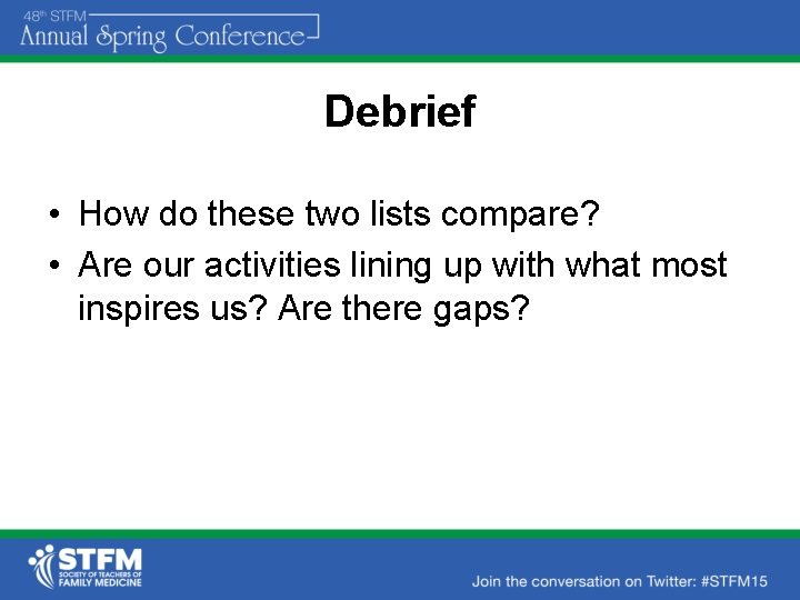 Debrief • How do these two lists compare? • Are our activities lining up