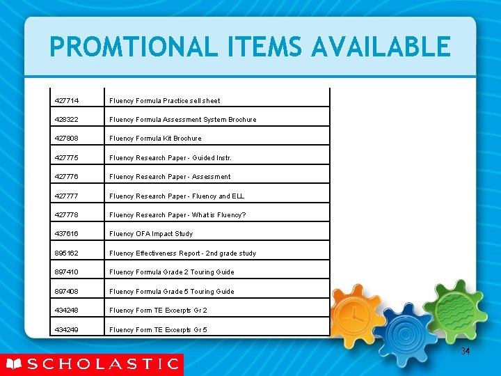 PROMTIONAL ITEMS AVAILABLE 427714 Fluency Formula Practice sell sheet 428322 Fluency Formula Assessment System
