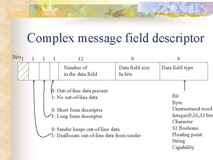 Complex message field descriptor Bits 1 1 12 Number of in the data field