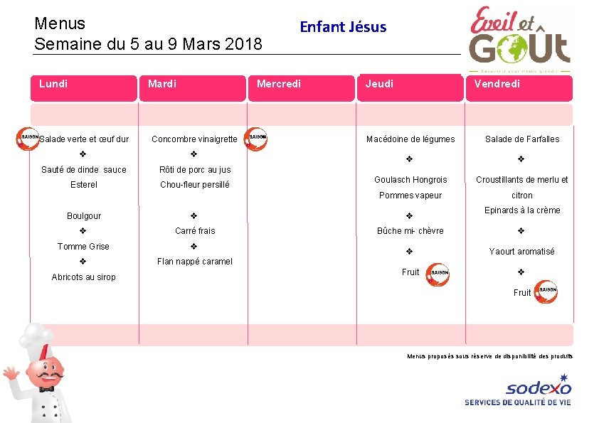 Menus Semaine du 5 au 9 Mars 2018 Lundi Mardi Enfant Jésus Mercredi Jeudi Menus Semaine du 5 au 9 Mars 2018 Lundi Mardi Enfant Jésus Mercredi Jeudi