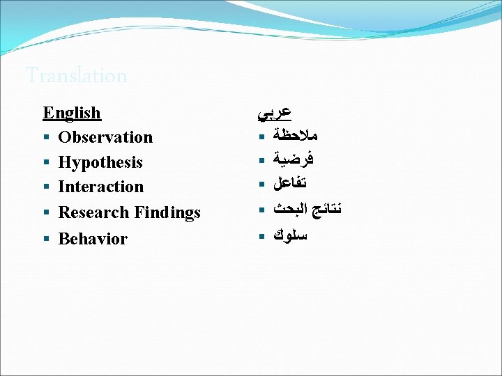 Translation English § Observation § Hypothesis § Interaction § Research Findings § Behavior ﻋﺮﺑﻲ
