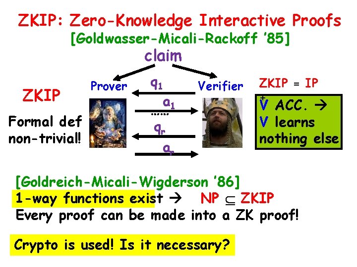 ZKIP: Zero-Knowledge Interactive Proofs [Goldwasser-Micali-Rackoff ’ 85] claim ZKIP Formal def non-trivial! Prover q