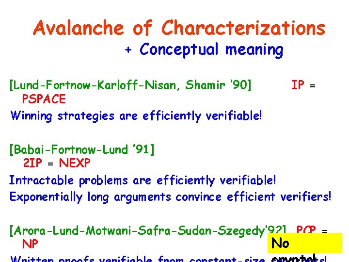 Avalanche of Characterizations + Conceptual meaning [Lund-Fortnow-Karloff-Nisan, Shamir ’ 90] PSPACE Winning strategies are