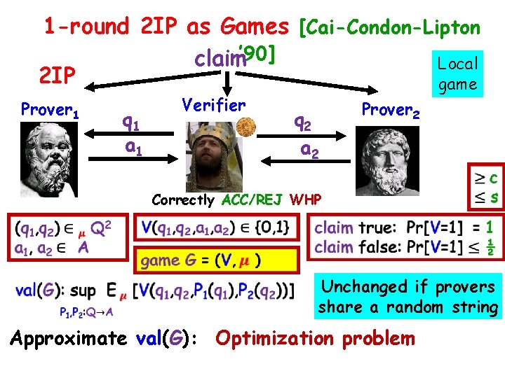 1 -round 2 IP as Games [Cai-Condon-Lipton claim’ 90] Local 2 IP game Prover